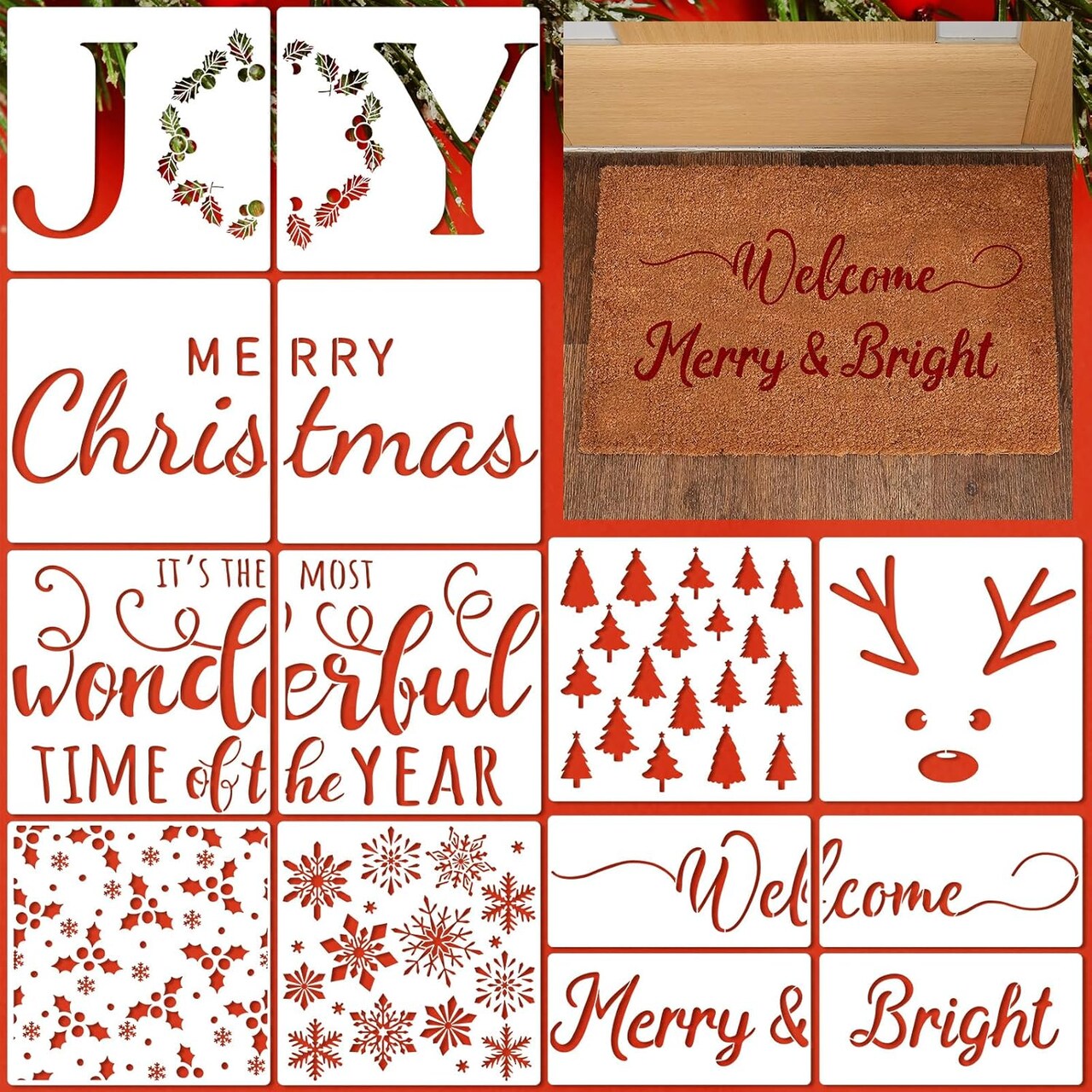 14 Pcs Christmas Stencils for Doormat Painting(Christmas)11.02"L x 11.02"W